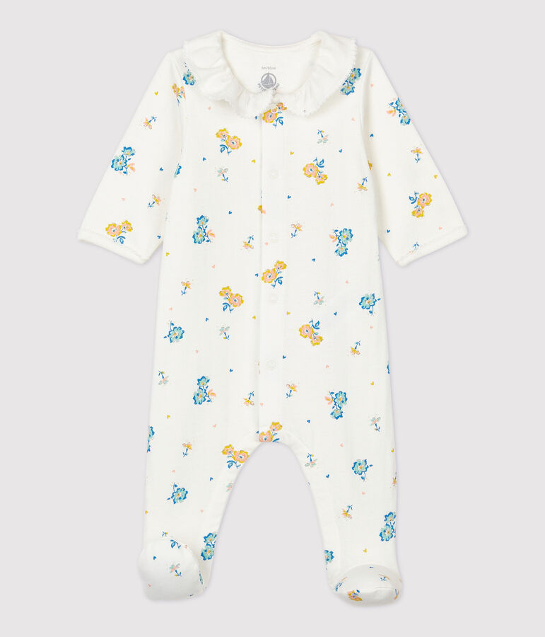 Baby-Strampler aus Bio-Baumwoll-Velours mit Kragen und Blumenmuster weiss MARSHMALLOW/weiss MULTICO